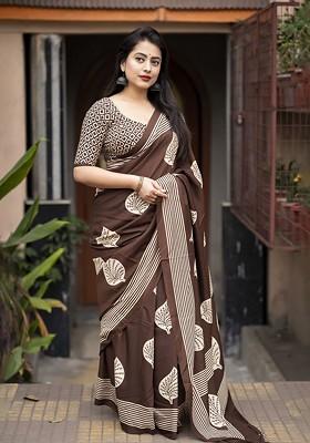 Brown Printed Blended Saree Set