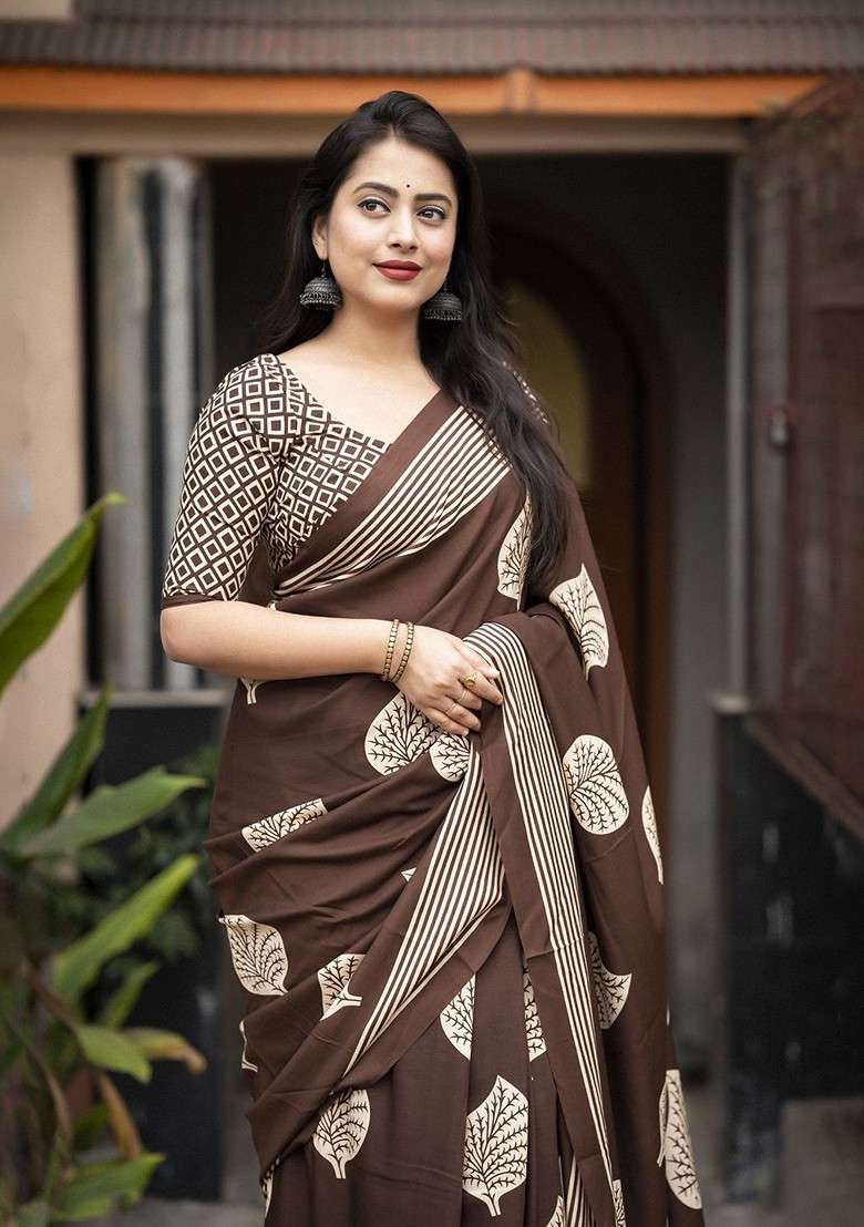 Brown Printed Blended Saree Set - Indya