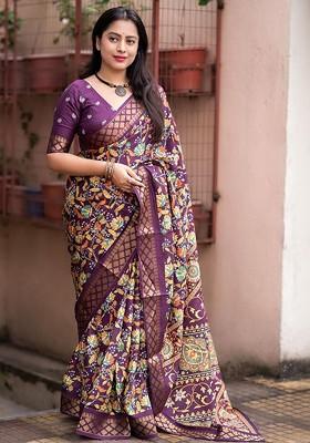 Purple Printed Blended Saree Set