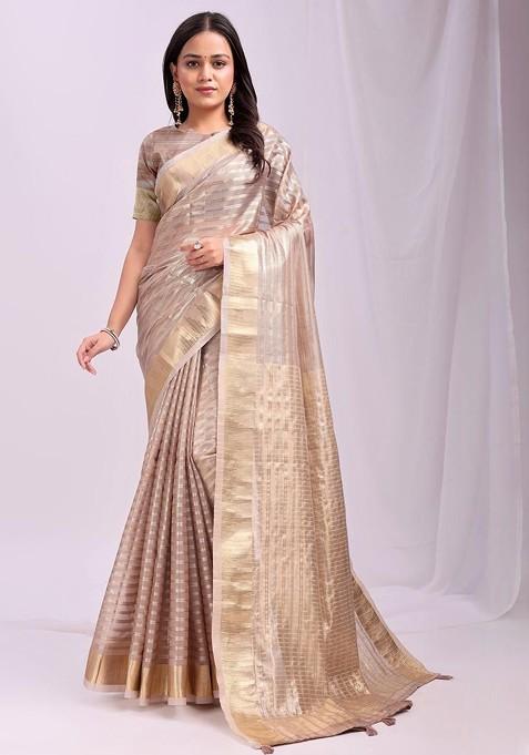 Peach Embroidered Blended Saree Set
