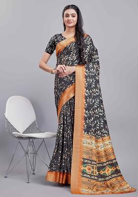 Charcoal Printed Blended Saree Set