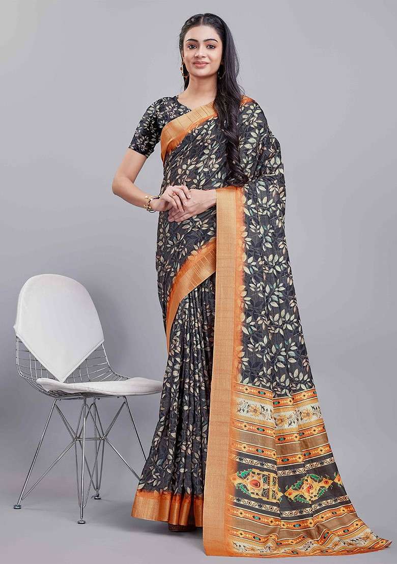 Charcoal Printed Blended Saree Set - Indya