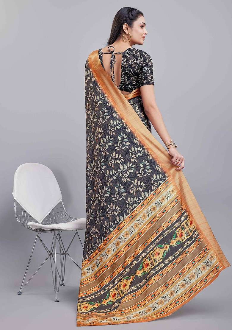 Charcoal Printed Blended Saree Set - Indya
