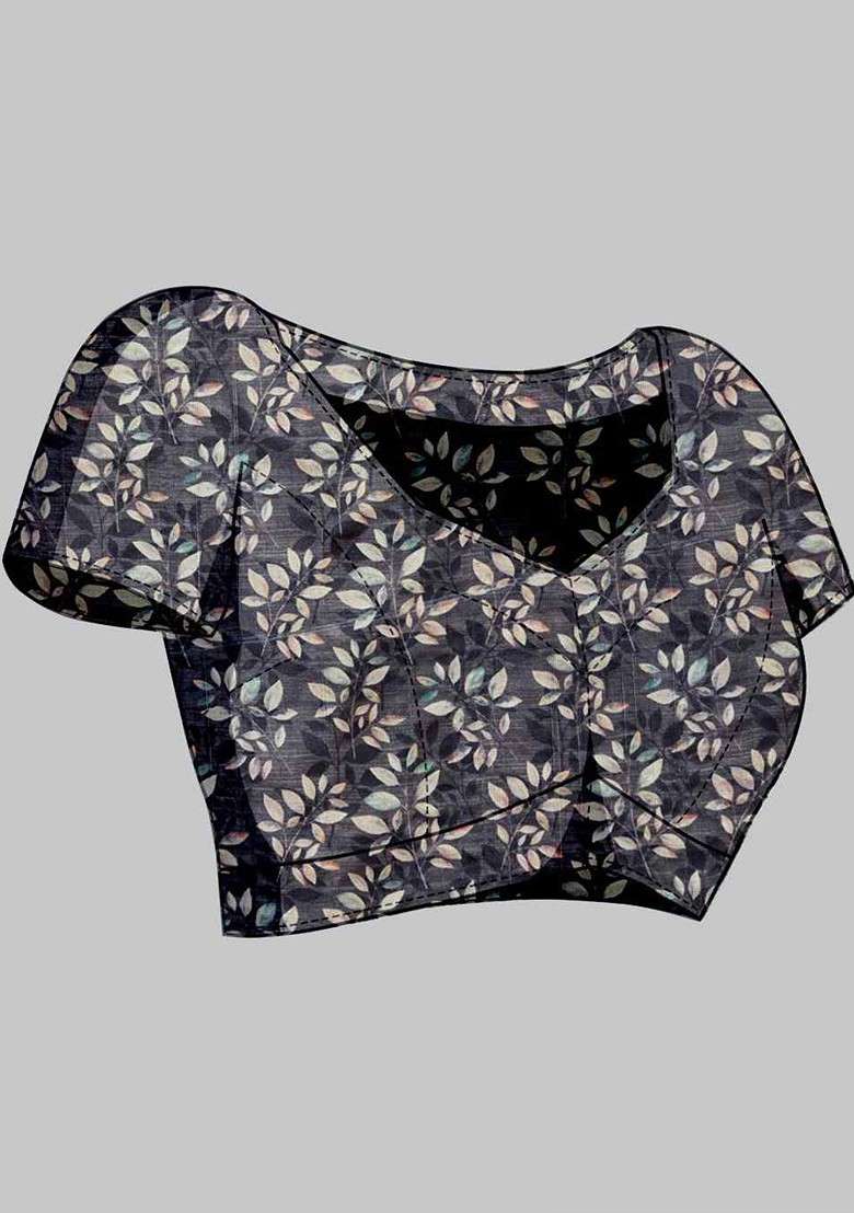Charcoal Printed Blended Saree Set - Indya