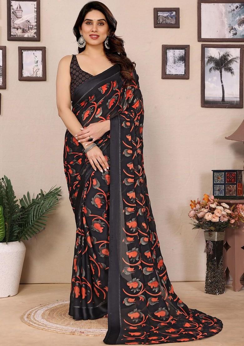 Black Printed Blended Saree Set - Indya
