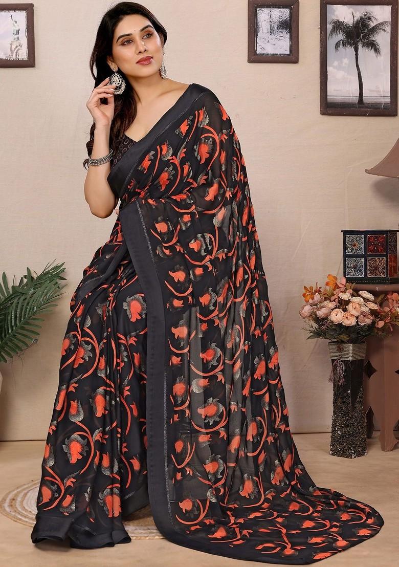 Black Printed Blended Saree Set - Indya