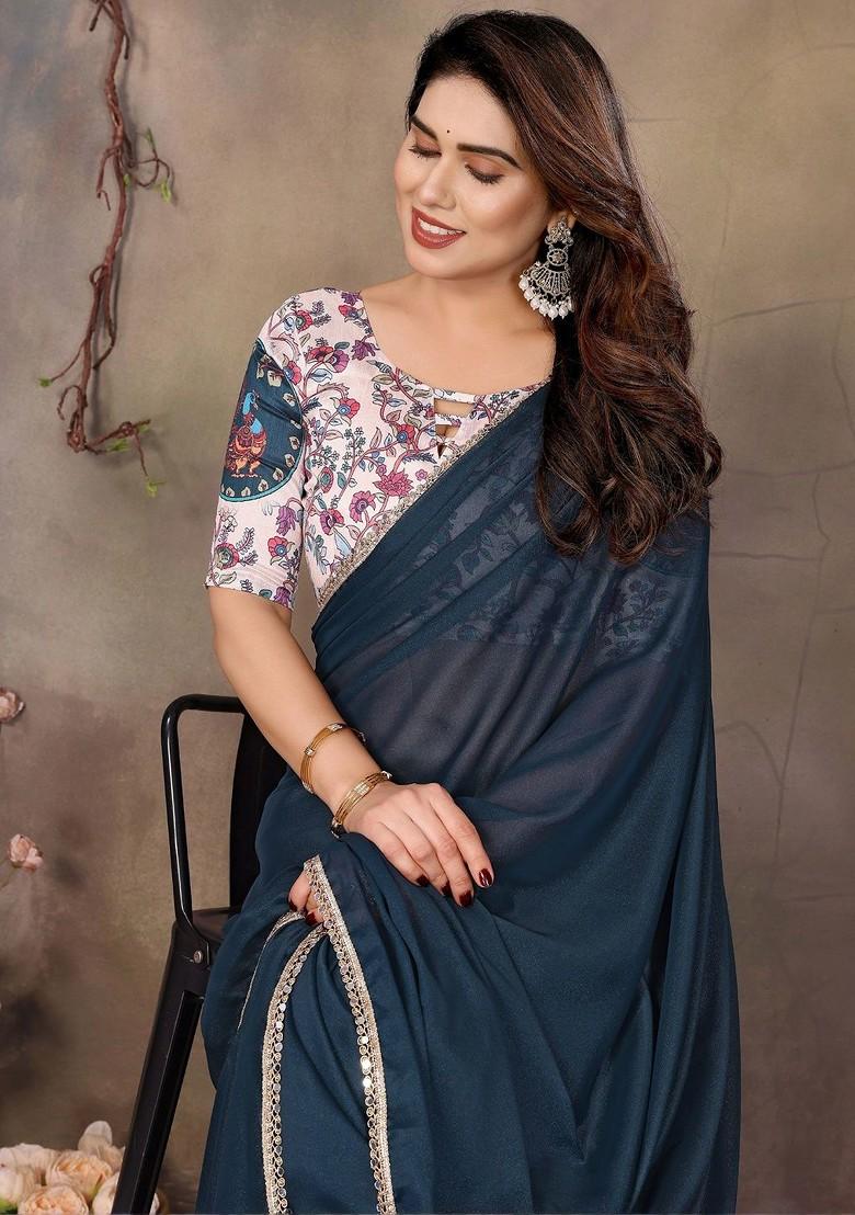 Blue Solid Blended Saree Set - Indya