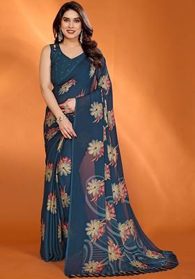 Blue Printed Blended Saree Set