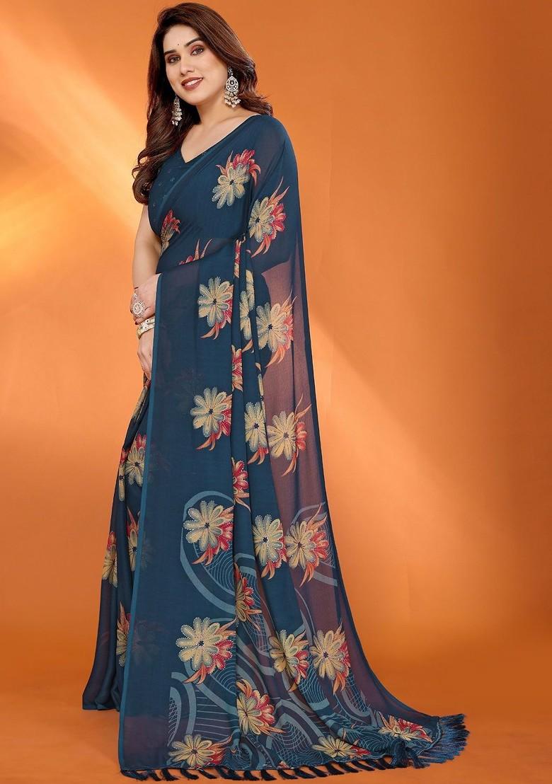 Blue Printed Blended Saree Set - Indya