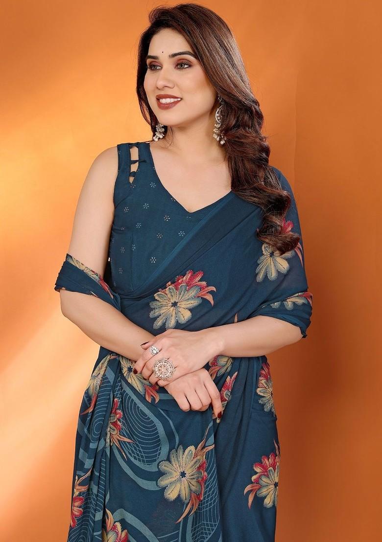 Blue Printed Blended Saree Set - Indya