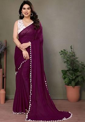 Purple Embroidered Blended Saree Set