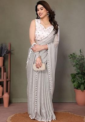 White Embroidered Blended Saree Set