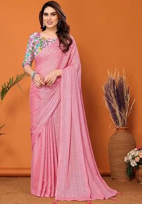 Pink Embroidered Blended Saree Set