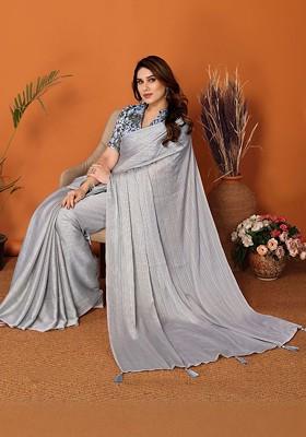 Grey Embroidered Blended Saree Set