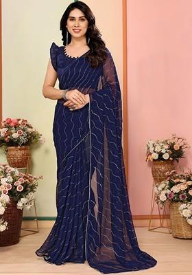 Blue Embroidered Blended Saree Set