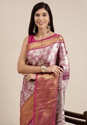 Purple Embroidered Blended Saree Set
