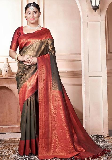 Green Embroidered Blended Saree Set