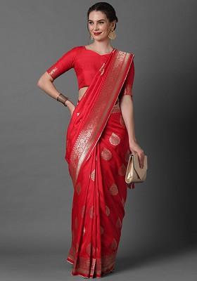 Red Jacquard Blended Saree Set