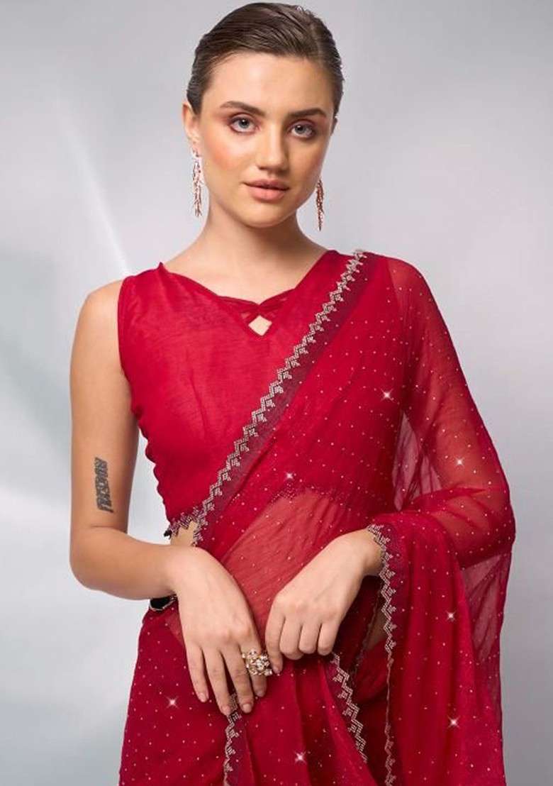 Red Embellished Blended Saree Set for Diwali and Festive Wear - Indya