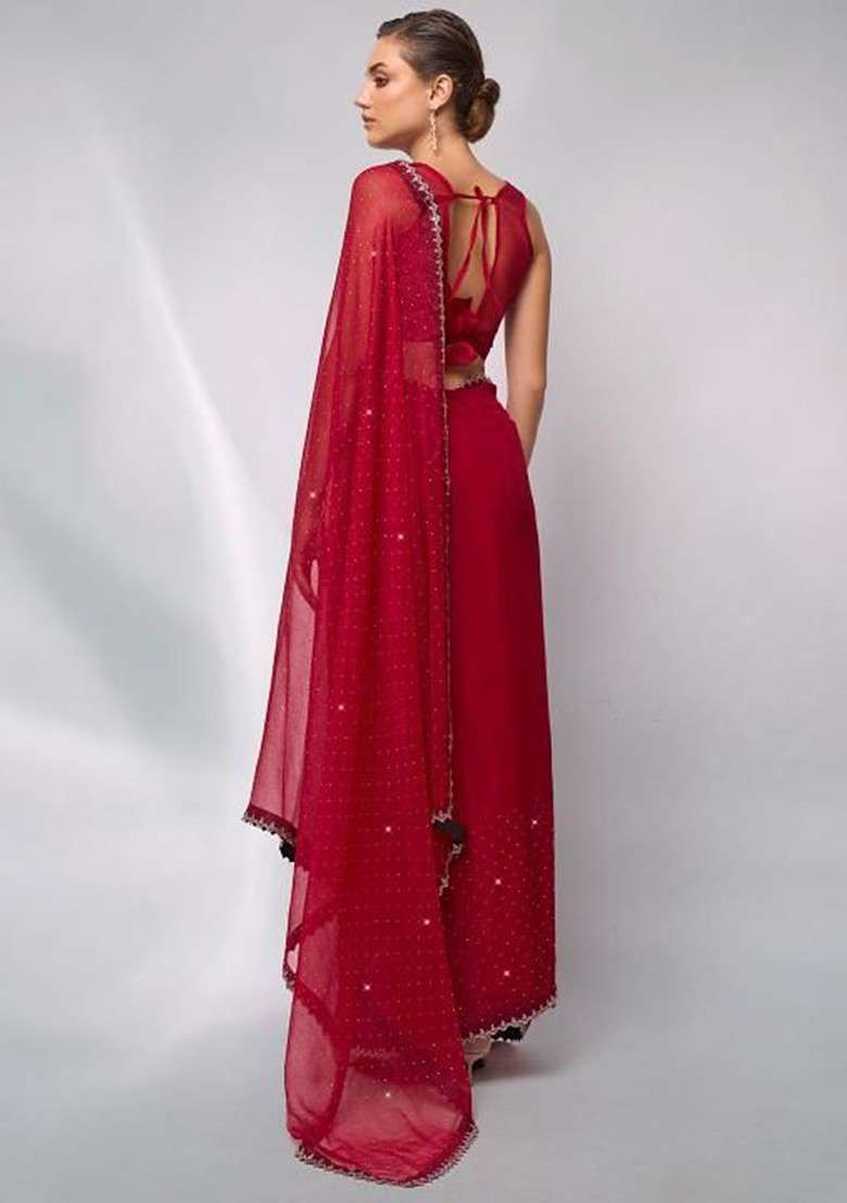 Red Embellished Blended Saree Set for Diwali and Festive Wear - Indya