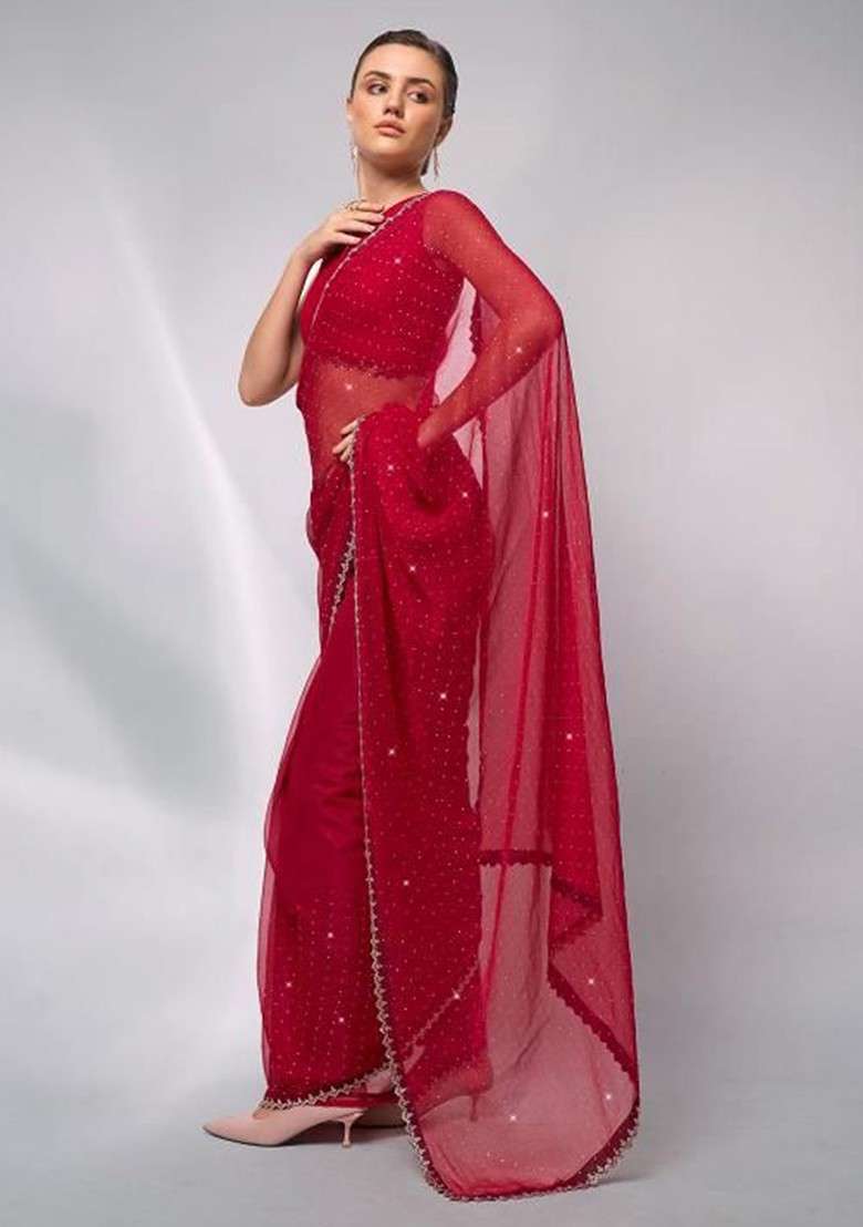 Red Embellished Blended Saree Set for Diwali and Festive Wear - Indya