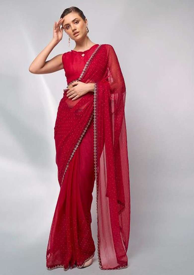 Red Embellished Blended Saree Set for Diwali and Festive Wear - Indya