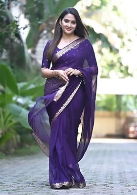 Purple Embroidered Blended Saree Set