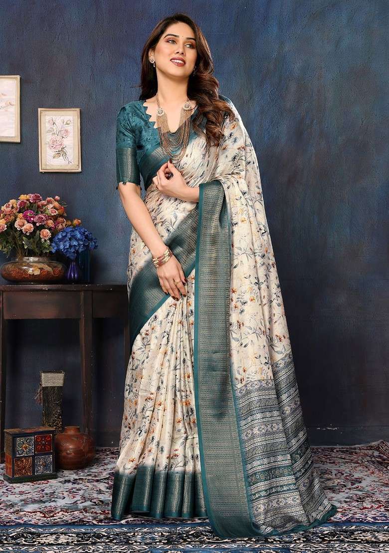Off White Printed Blended Saree Set for Diwali and Festive Wear - Indya