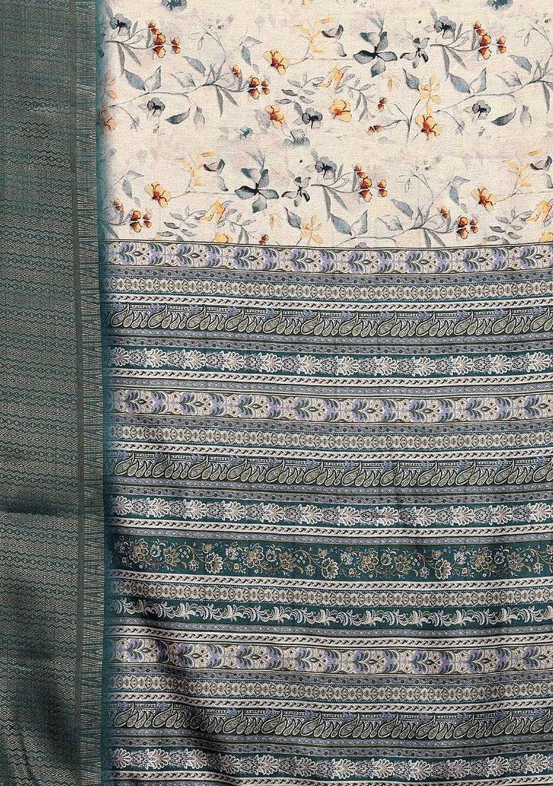 Off White Printed Blended Saree Set for Diwali and Festive Wear - Indya