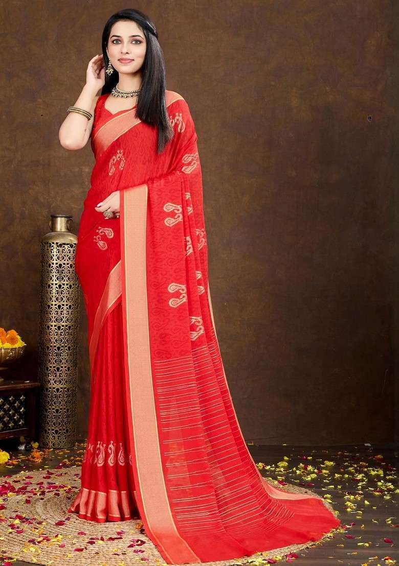 Red Embroidered Blended Saree Set - Indya