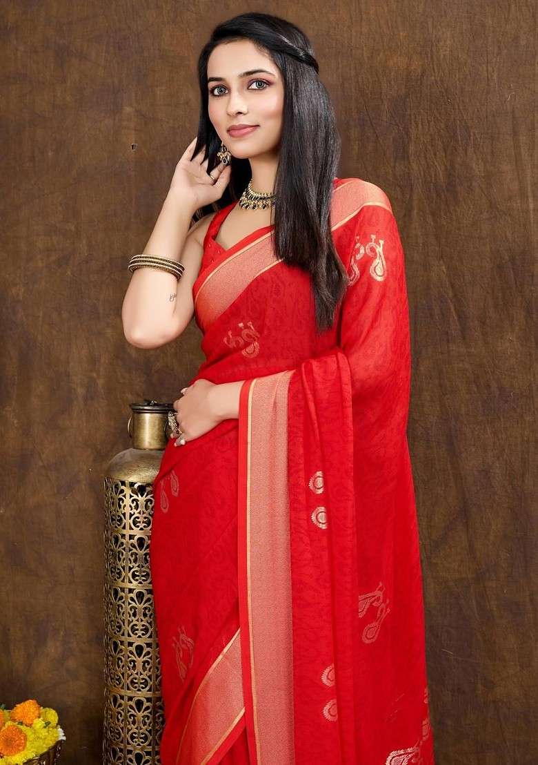 Red Embroidered Blended Saree Set - Indya