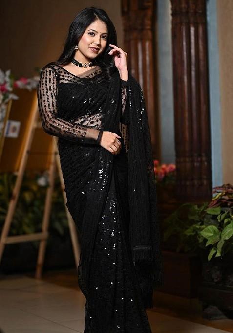 Black Sequin Embellished Blended Saree Set