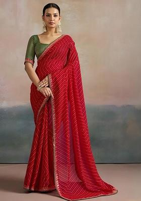 Red Embroidered Blended Saree Set