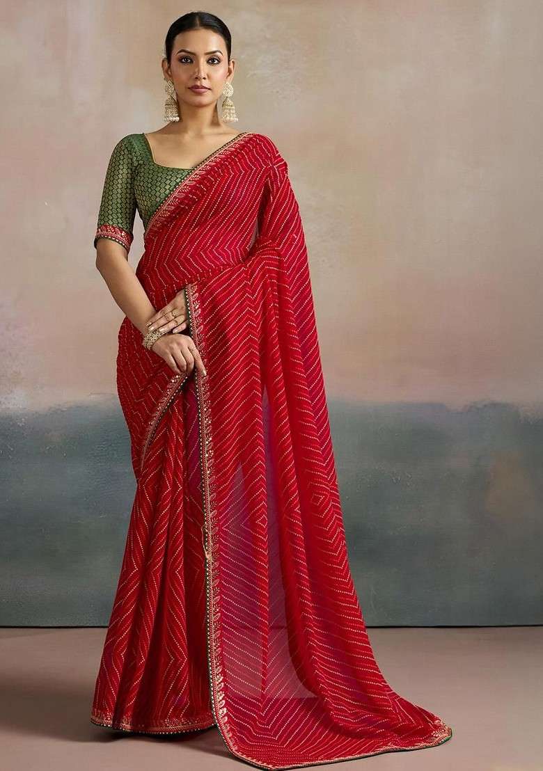 Red Embroidered Blended Saree Set for Diwali and Festive Wear - Indya