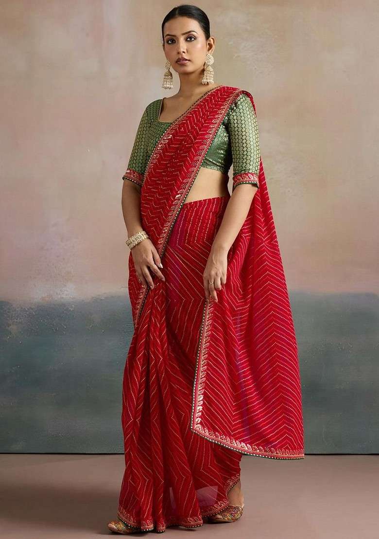Red Embroidered Blended Saree Set for Diwali and Festive Wear - Indya