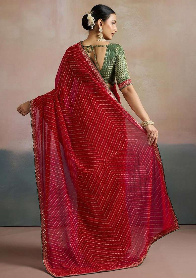 Red Embroidered Blended Saree Set for Diwali and Festive Wear - Indya