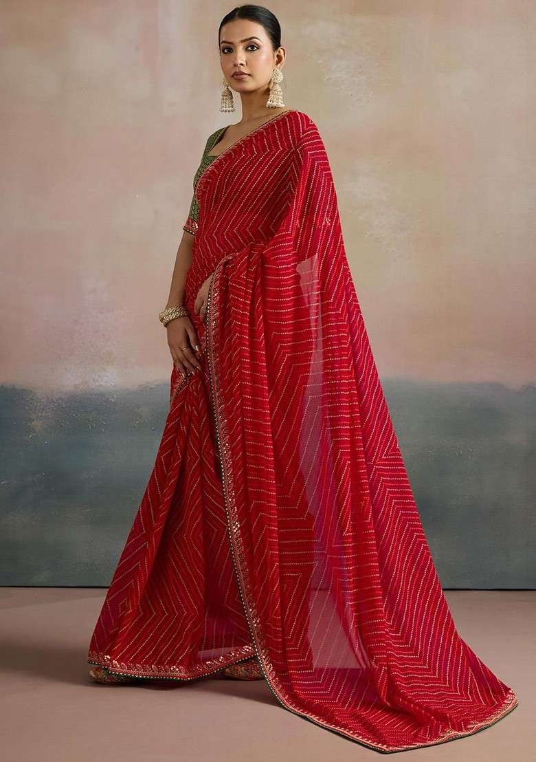 Red Embroidered Blended Saree Set for Diwali and Festive Wear - Indya