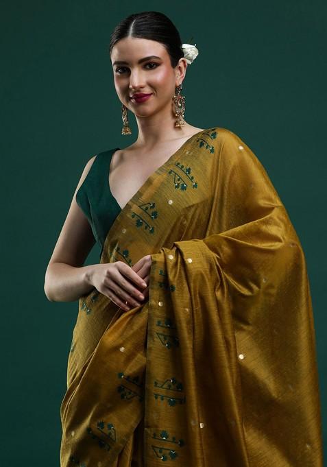 Mustard Embroidered Blended Saree Set