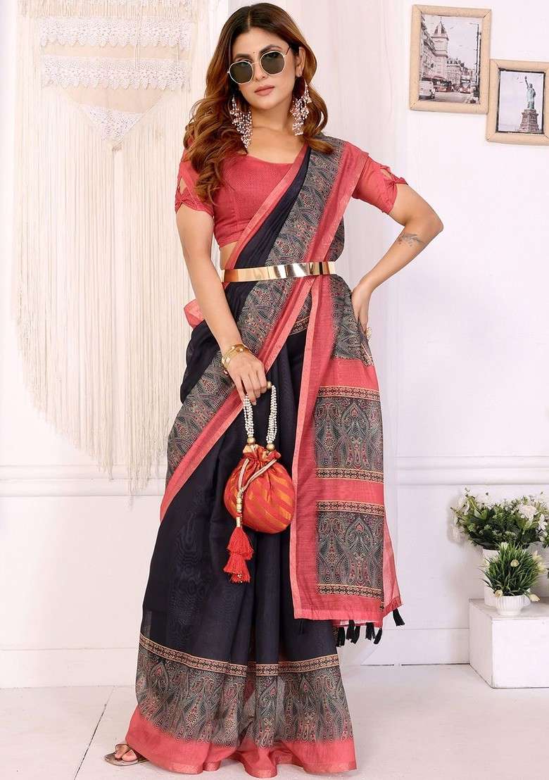 Navy Blue Embroidered Blended Saree Set - Indya