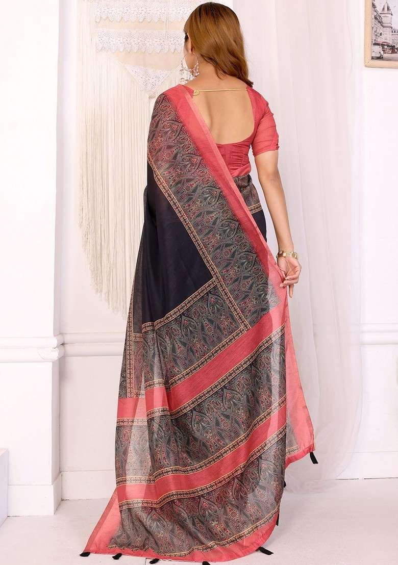 Navy Blue Embroidered Blended Saree Set - Indya