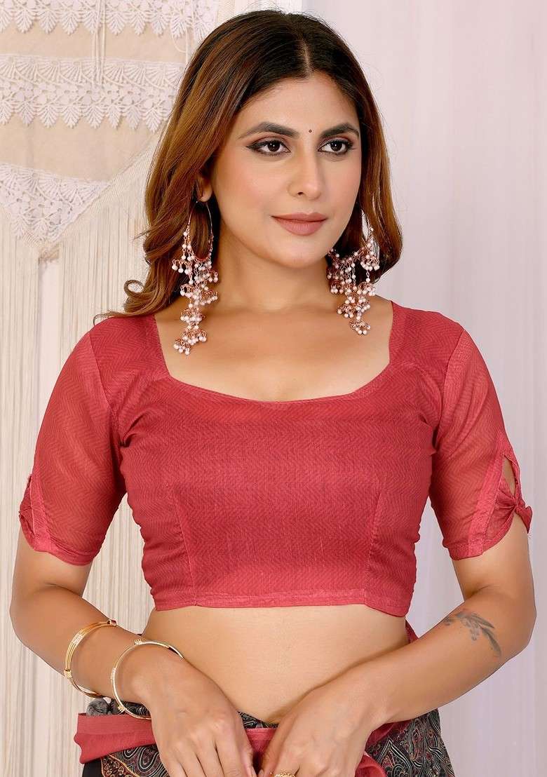 Navy Blue Embroidered Blended Saree Set - Indya