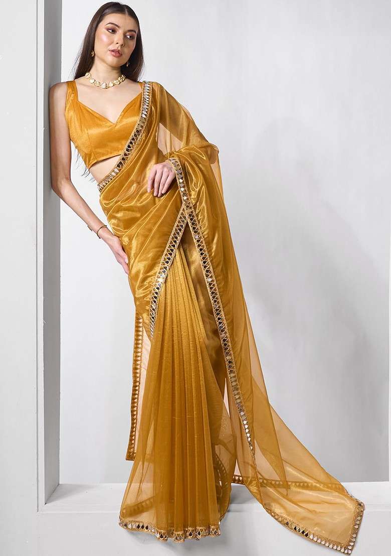 Gold Embroidered Blended Saree Set - Indya