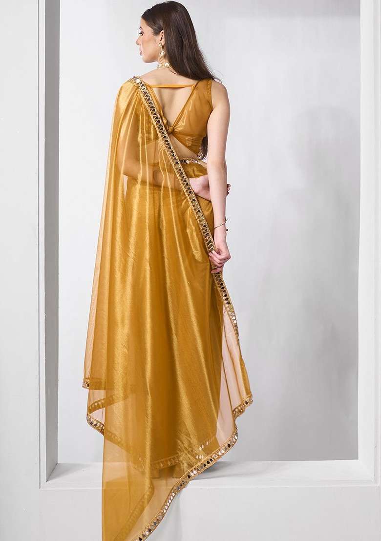 Gold Embroidered Blended Saree Set - Indya