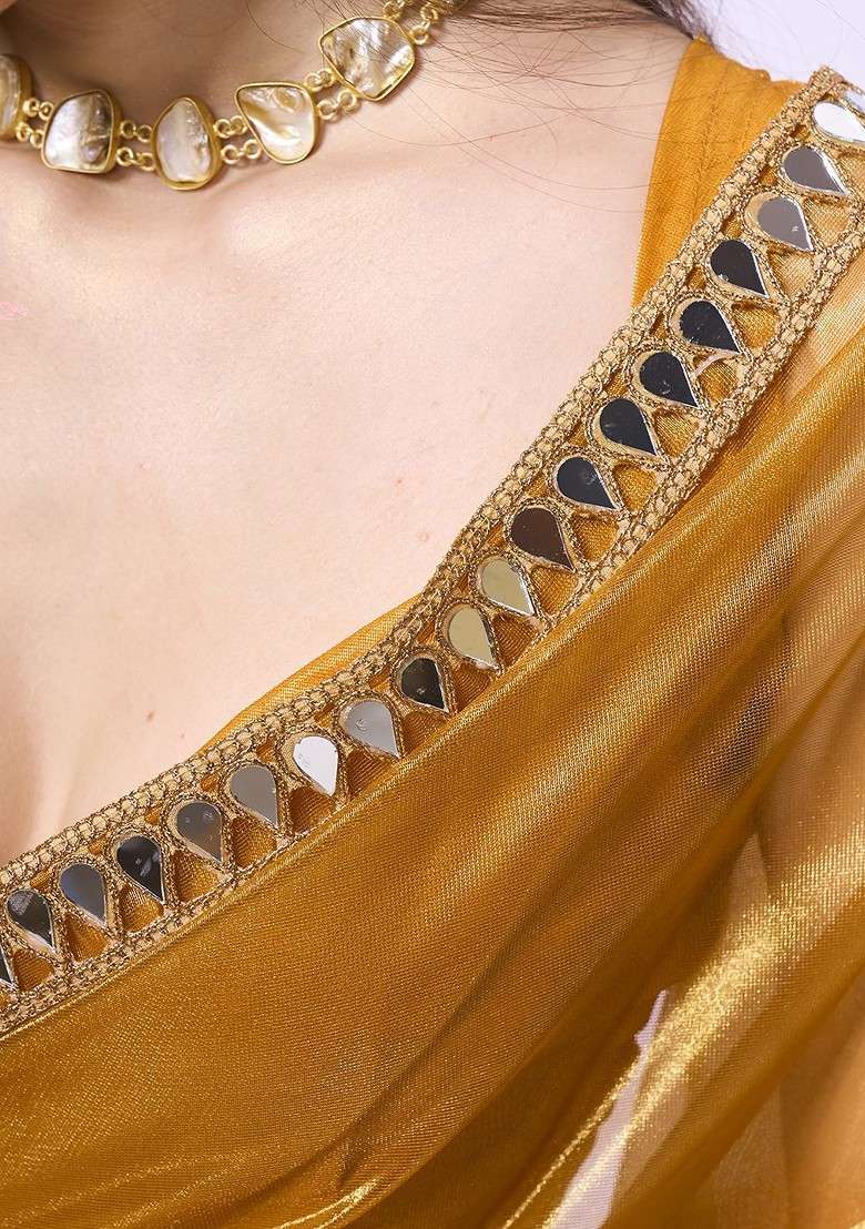 Gold Embroidered Blended Saree Set - Indya