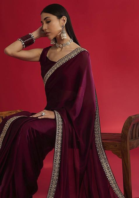 Magenta Embroidered Blended Saree Set