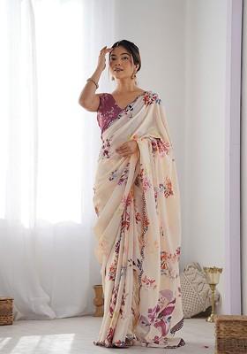 Beige Printed Blended Saree Set