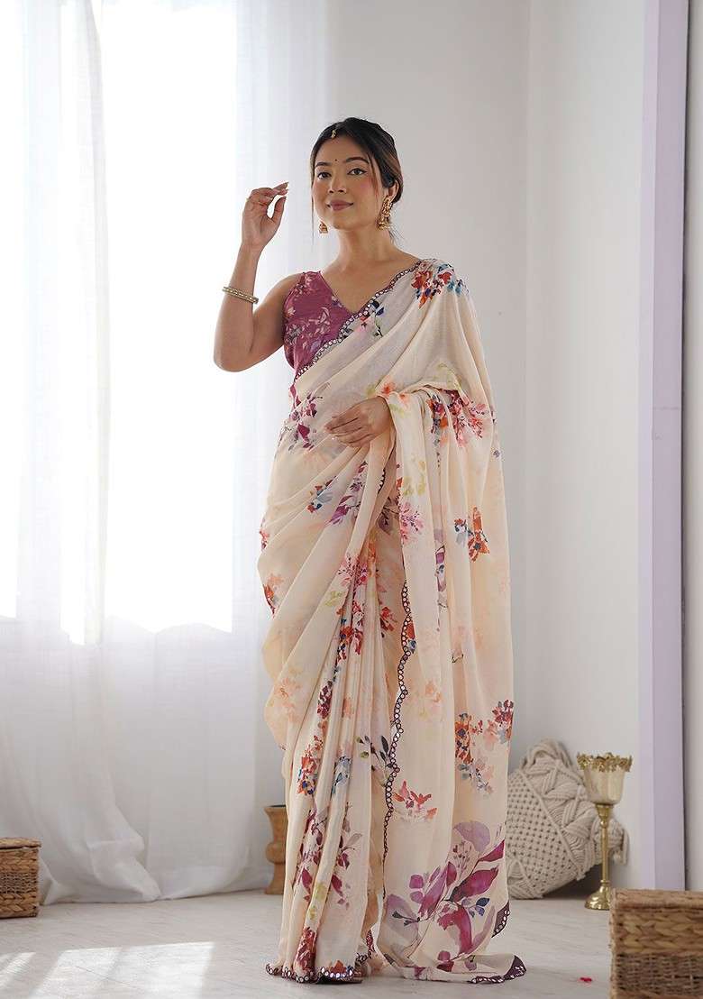 Beige Printed Blended Saree Set for Diwali and Festive Wear - Indya