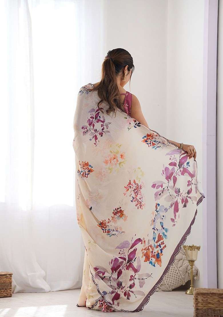 Beige Printed Blended Saree Set for Diwali and Festive Wear - Indya