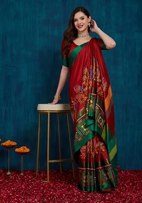 Red Embroidered Blended Saree Set
