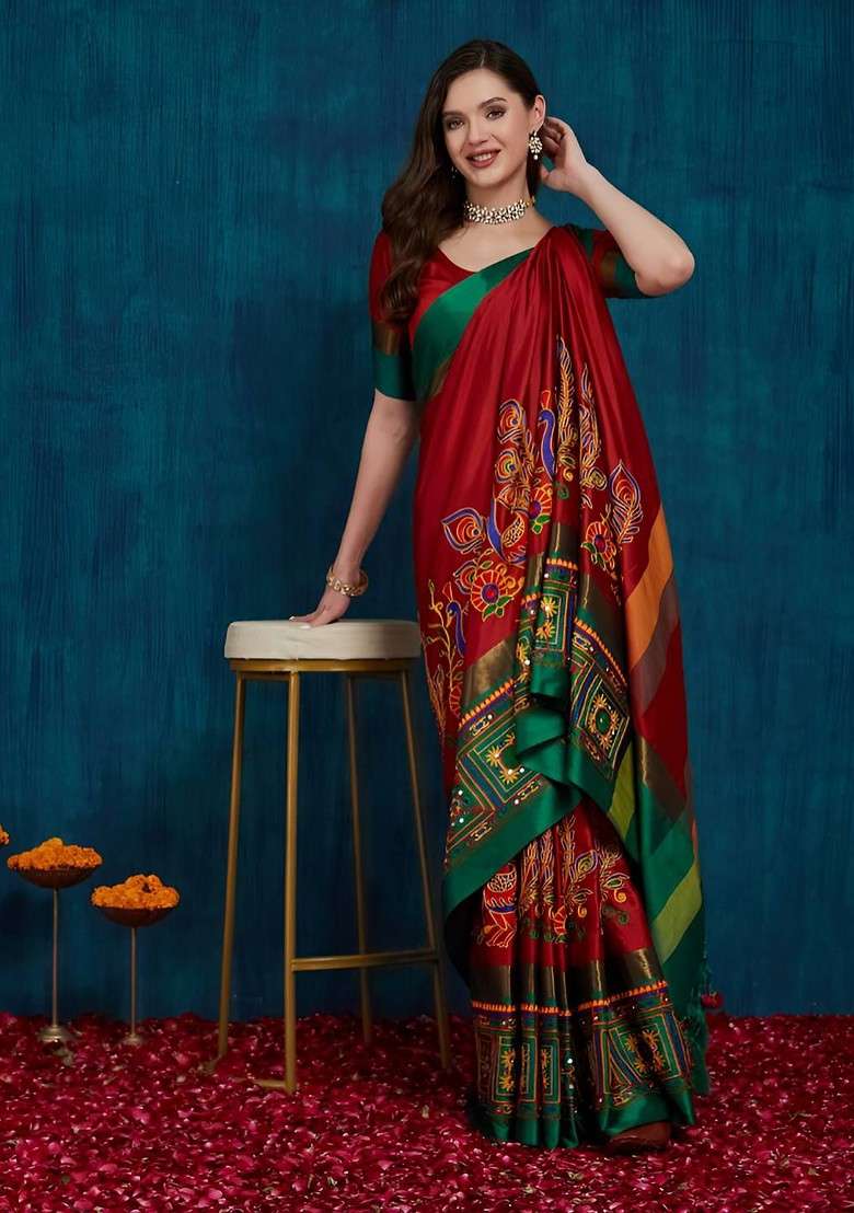 Red Embroidered Blended Saree Set for Diwali and Festive Wear - Indya